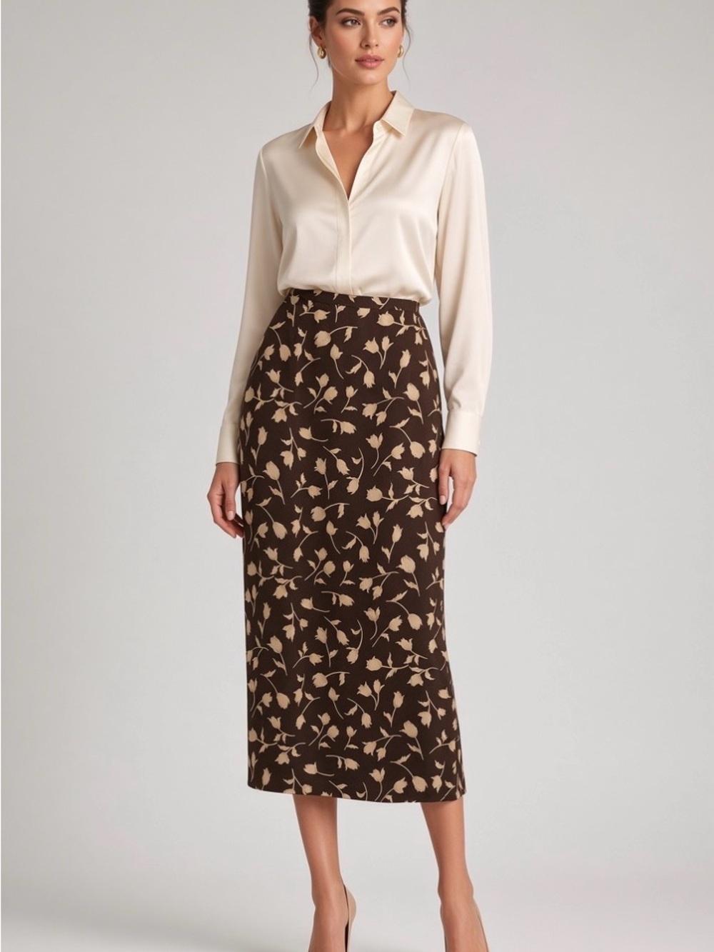 Talbots Dark Brown 100% Silk Floral Midi Skirt - Beige Tulip Print | Size 10